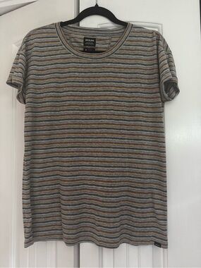 prAna Women’s Striped Crew Neck Tee in Gray and Mustard